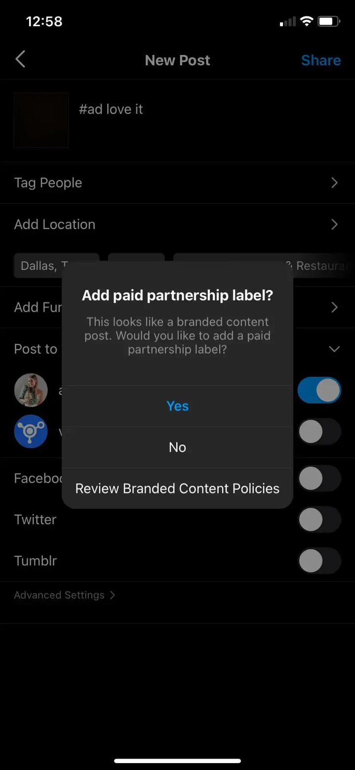 Instagram alert when you publish a post or story with #ad that does not include the paid partnership label